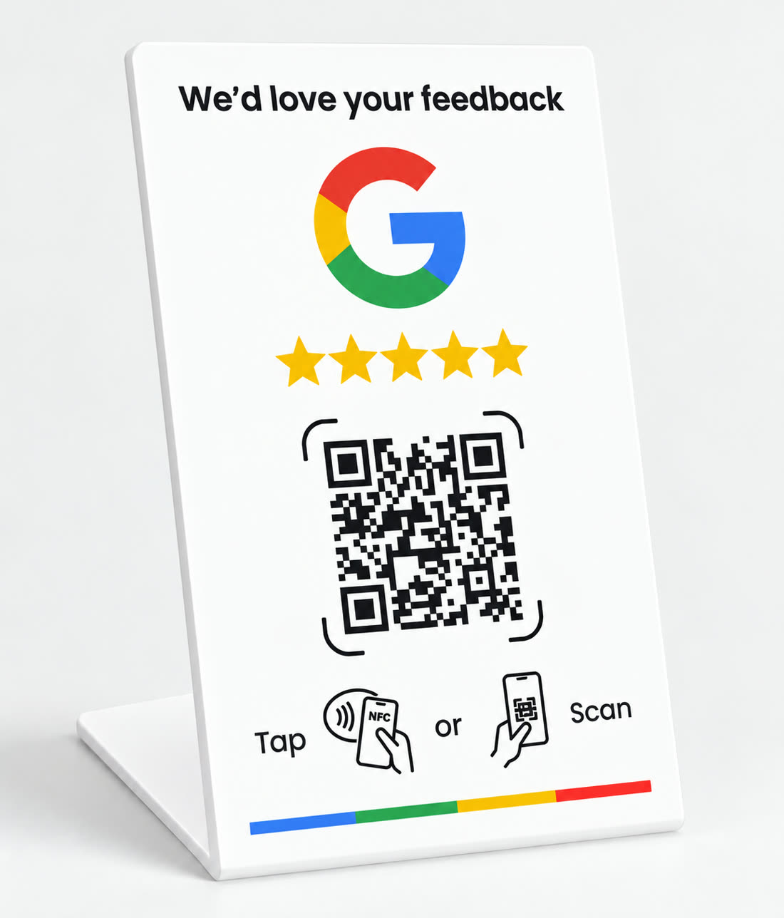 Supporto TAPQUI bianco, fronte con recensione Google, QR e NFC