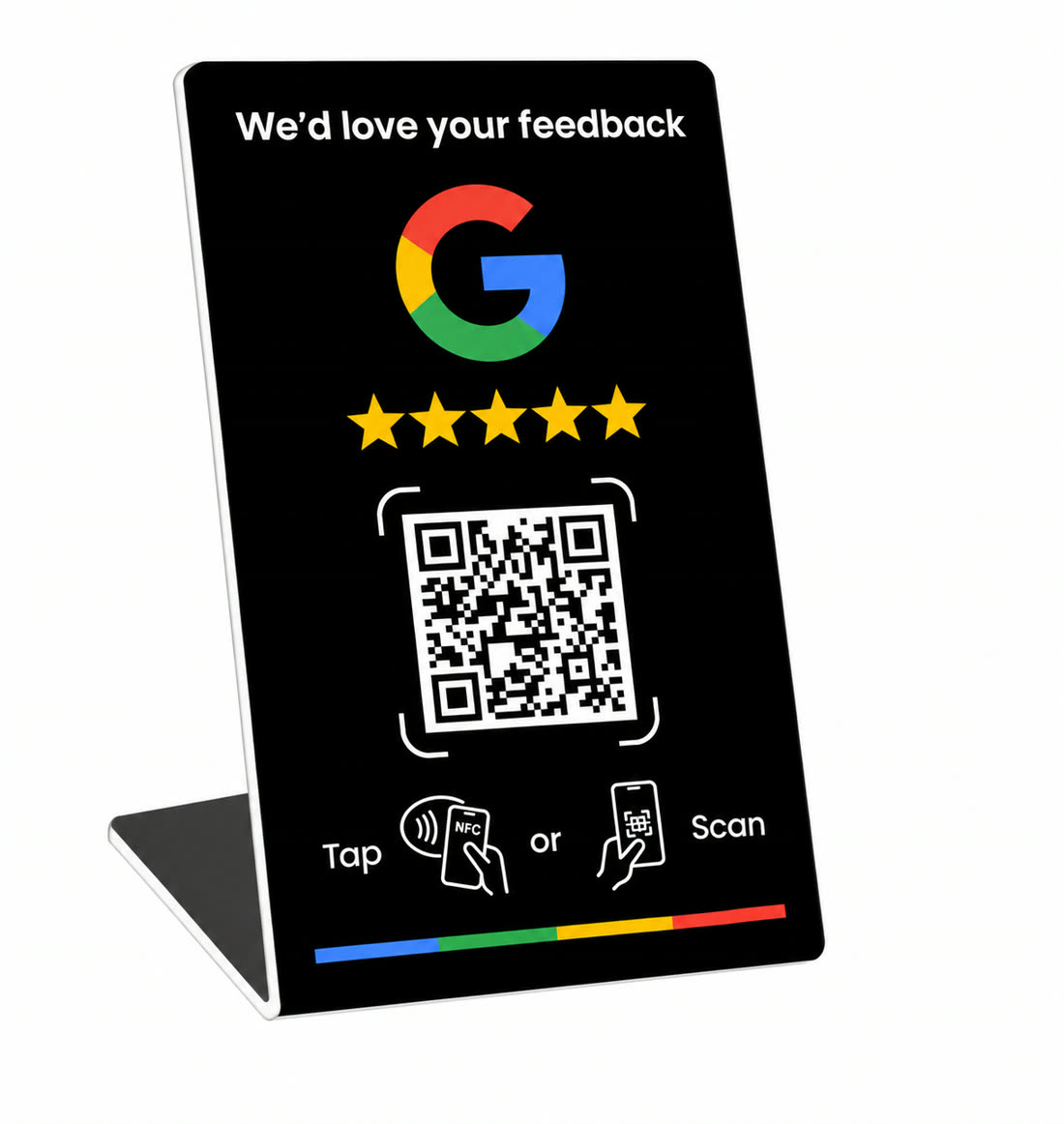 Supporto TAPQUI nero, fronte con recensione Google, QR e NFC